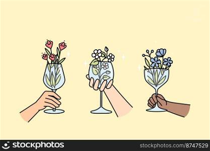 Hands of multiracial people hold wineglasses with flowers inside. Creative blossom plant arrangement in glassware for interior, party. Floral drink, lemonade, cocktail in wine glasses vector concept.. Hands of multiracial people holds wineglasses with flowers.