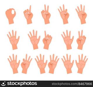 Hands of people counting vector illustrations set. Drawings of cartoon person showing numerals using or bending number of fingers isolated on white background. Gestures, education concept