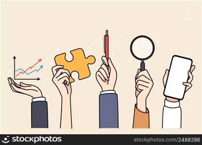 Hands of people holding various work tools and equipment. Businesspeople use stationery for job, phone, magnifier and pen. Office and job supplies. Flat vector illustration. . People hands holding office supplies 