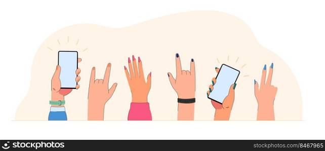 Hands of people with and without smartphones at party or show. Group of persons holding phones and taking pictures flat vector illustration. Concert, festival concept for banner or landing web page