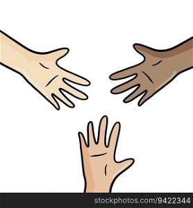 Hands of people with different skin colors. Concept of friendship, diversity and multicultural cooperation of children. Hands of people with different skin colors.