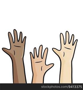 Hands of people with different skin colors. Palms up. Concept of friendship, diversity and multicultural cooperation of children. Hands of people with different skin colors