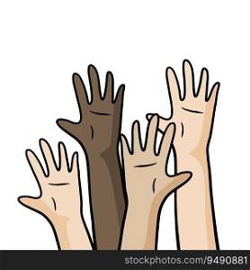Hands of people with different skin colors. Palms up. Concept of friendship, diversity and multicultural cooperation of children. Hands of people with different skin colors