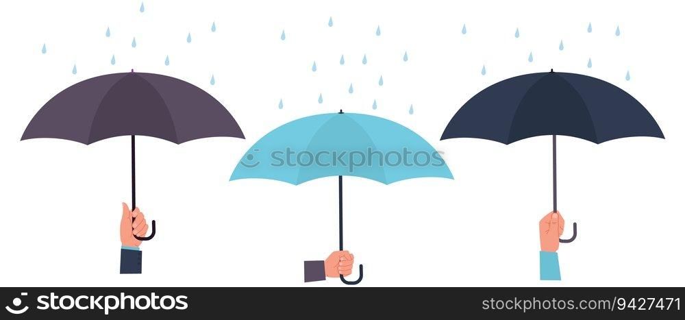 Hands of people with umbrellas close against raindrops. Opened blue and black parasols. Rainy weather assistance. Cartoon flat style isolated simple illustration. Vector protection and safety concept. Hands of people with umbrellas close against raindrops. Opened blue and black parasols. Rainy weather assistance. Cartoon flat style isolated illustration. Vector protection and safety concept