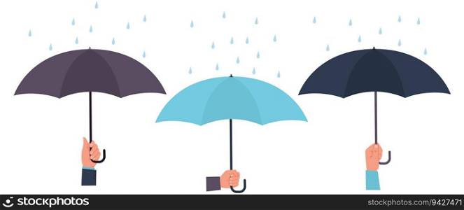 Hands of people with umbrellas close against raindrops. Opened blue and black parasols. Rainy weather assistance. Cartoon flat style isolated simple illustration. Vector protection and safety concept. Hands of people with umbrellas close against raindrops. Opened blue and black parasols. Rainy weather assistance. Cartoon flat style isolated illustration. Vector protection and safety concept