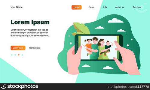 Hands of person watching family and children photo on smart phone. Picture of happy parents and kids on cellphone screen. Vector illustration for memory, communication, togetherness concept