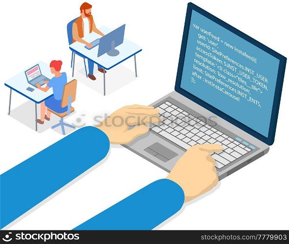 Hands of programmer working on computer. Programming or coding concept. Carton characters work with program code sitting at workplace. IT specialists are engaged in programming. Person writes code. Hands of programmer working on computer, write program code. Employees work in programming