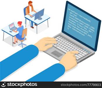 Hands of programmer working on computer. Programming or coding concept. Carton characters work with program code sitting at workplace. IT specialists are engaged in programming. Person writes code. Hands of programmer working on computer, write program code. Employees work in programming