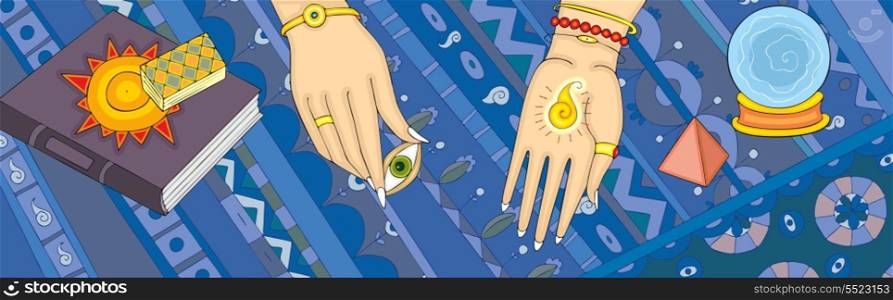 Hands of the fortuneteller with open eye in fingers