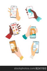 Hands of users with mobile phones set. Vector illustrations of people using smartphones. Cartoon social media, video call and messenger apps on screens of cellphones isolated on white. Network concept. Hands of users with mobile phones set