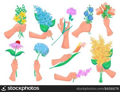 Hands of women holding spring flowers, sprigs with blossoms, blooming bouquets isolated on white. Vector illustrations for florist shop, nature, international womans day concept