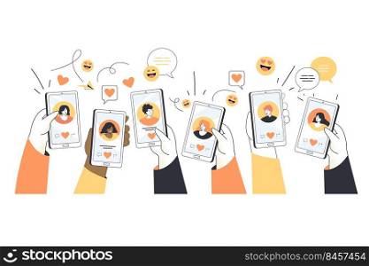Hands of young people holding phones with dating profiles. Searching for love online, flirting and sending messages in mobile app flat vector illustration. Relationship, romance, technology concept