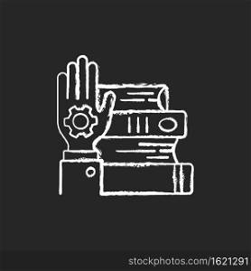 Hands-on learning chalk white icon on black background. Workshop icon. learning by doing. Improvement of practical skills and abilities. Mastery development. Isolated vector chalkboard illustration. Hands-on learning chalk white icon on black background
