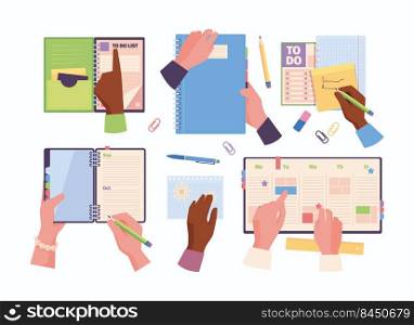 Hands on planners. People holding diary sketchbooks papers garish vector pages template top view. Planner hand schedule to work illustration. Hands on planners. People holding diary sketchbooks papers garish vector pages template top view