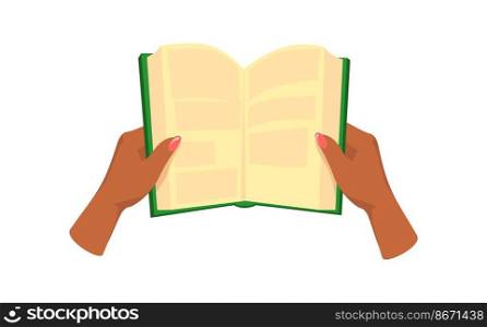 Hands opened book. African girl hand holding open textbook to read, flat icon cartoon vector illustration isolated on white background. Hands opened book. African girl hand holding open textbook to read, flat icon cartoon vector illustration