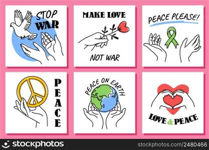 Hands peace cards. Doodle style peaceful posters with human arms and different love, freedom and ecological symbols, stop war square banners. Planet Earth, flying dove and flower in hand vector set. Hands peace cards. Doodle style peaceful posters with human arms and different love, freedom and ecological symbols, stop war square banners. Planet Earth and flying dove, vector set