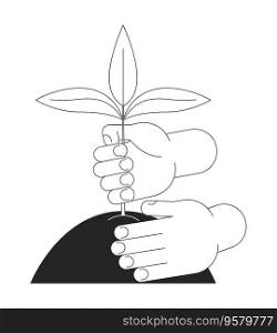 Hands planting plant in soil bw concept vector spot illustration. Gardening 2D cartoon flat line monochromatic hand for web UI design. Editable isolated outline hero image. Hands planting plant in soil bw concept vector spot illustration