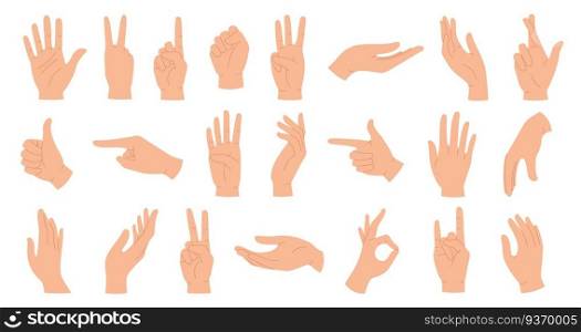 Hands poses. Female hand holding and pointing gestures, fingers crossed, fist, peace and thumb up. Cartoon human palms and wrist vector set. Communication or talking with emoji for messengers. Hands poses. Female hand holding and pointing gestures, fingers crossed, fist, peace and thumb up. Cartoon human palms and wrist vector set