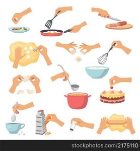 Hands preparing food. Kitchen cooking utensils preparing products processes soup cakes fish and salad recent vector flat pictures set. Illustration cooking kitchen, preparation cake. Hands preparing food. Kitchen cooking utensils preparing products processes soup cakes fish and salad recent vector flat pictures set