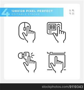 Hands pressing keys on devices pixel perfect linear icons set. Electronic gadgets usage. Equipment control. Customizable thin line symbols. Isolated vector outline illustrations. Editable stroke. Hands pressing keys on devices pixel perfect linear icons set