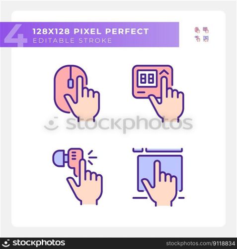 Hands pressing keys on devices pixel perfect RGB color icons set. Electronic gadgets usage. Equipment control. Isolated vector illustrations. Simple filled line drawings collection. Editable stroke. Hands pressing keys on devices pixel perfect RGB color icons set