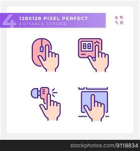 Hands pressing keys on devices pixel perfect RGB color icons set. Electronic gadgets usage. Equipment control. Isolated vector illustrations. Simple filled line drawings collection. Editable stroke. Hands pressing keys on devices pixel perfect RGB color icons set