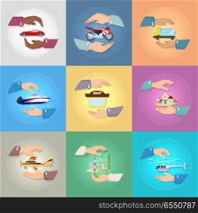 Hands protecting car, motorbike, truck, motorboat, shop, house, airplane, plant, helicopter. Taking care, making service Colourful background E-commerce Shopping Cartoon design Flat style Vector. Set of Pictures with Hands Protecting Things.