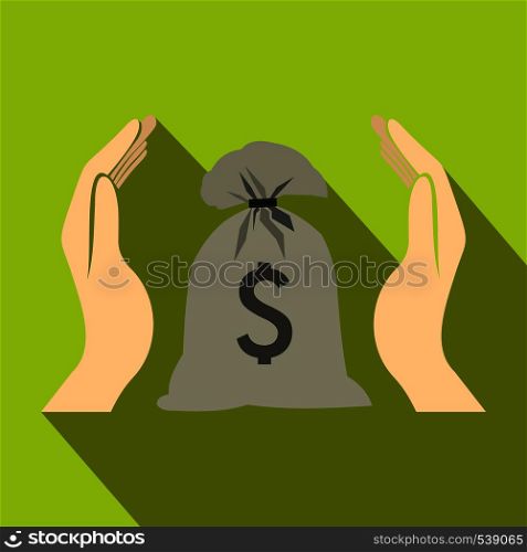 Hands protecting dollar money bag icon in flat style on a green background. Hands protecting dollar money bag icon flat style