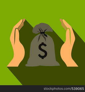 Hands protecting dollar money bag icon in flat style on a green background. Hands protecting dollar money bag icon flat style