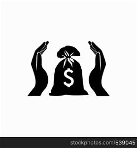 Hands protecting dollar money bag icon in simple style on a white background. Hands protecting dollar money bag icon
