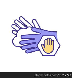 Hands protection RGB color icon. Wearing disposable gloves. Germs spreading prevention. Working with hazardous chemicals and dangerous materials. Cleaning, disinfection. Isolated vector illustration. Hands protection RGB color icon