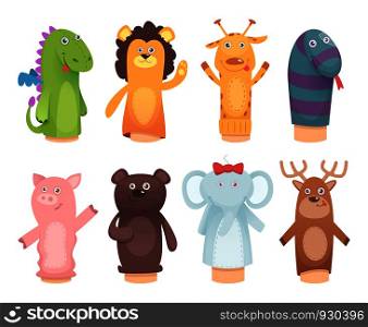 Hands puppets. Toys from socks for kids funny children games vector characters isolated. Illustration of puppet toys character, theatrical showing deer and elephant. Hands puppets. Toys from socks for kids funny children games vector characters isolated
