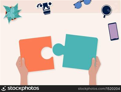 Hands putting puzzle pieces. Vector illustration flat design style.