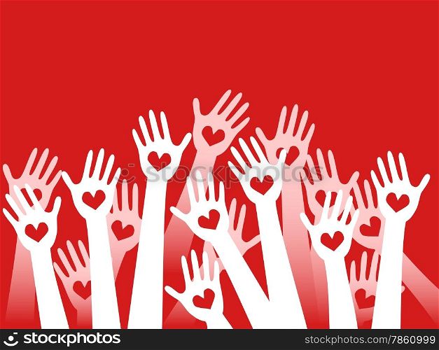 hands raised with hearts on red background
