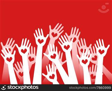 hands raised with hearts on red background