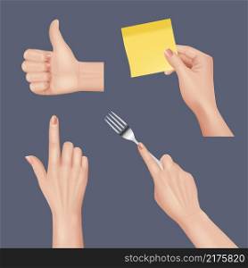Hands realistic. Various gestures of hands pointing human body anatomy pictures set decent vector illustrations set. Thumb up gesturing and giving paper. Hands realistic. Various gestures of hands pointing human body anatomy pictures set decent vector illustrations set
