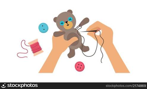 Hands sewing toy. Kids lab, workshop for children or adults. Hand made bear, buttons and threads vector illustration. Sewing hobby, handmade and needlework craft. Hands sewing toy. Kids lab, workshop for children or adults. Hand made bear, buttons and threads vector illustration