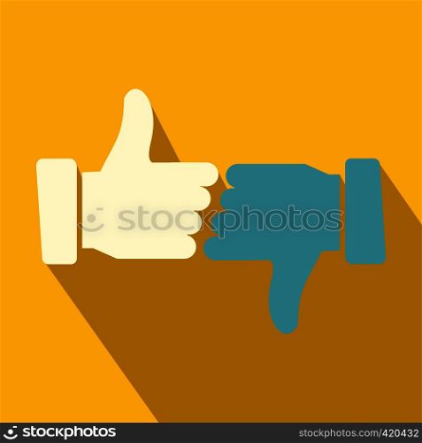 Hands showing thumbs up and down flat icon on a yellow background. Hands showing thumbs up and down flat icon