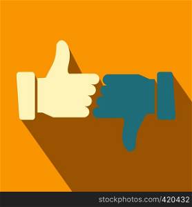 Hands showing thumbs up and down flat icon on a yellow background. Hands showing thumbs up and down flat icon