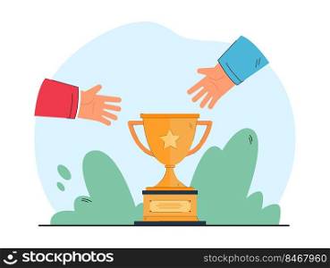 Hands stretching toward cup. Desire to win competition and get prize flat vector illustration. Achievement, success, jealousy concept for banner, website design or landing web page
