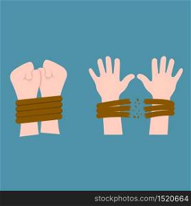 Hands tied with a rope and hand tearing a rope icon isolated on blue background,Vector illustration