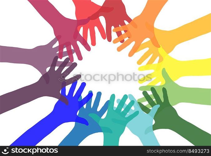 Hands together on white background. Friendship concept icon. Colorful hands. Concept of democracy. Vector stock