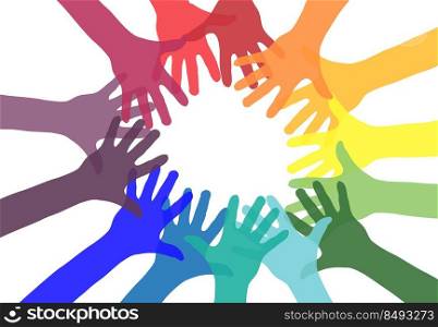 Hands together on white background. Friendship concept icon. Colorful hands. Concept of democracy. Vector stock