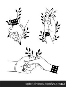 Hands togetherness set. Cartoon romantic touch caring palms, vector illustration symbol of tenderness and love isolated on white background. Hands togetherness set. Cartoon romantic touch caring palms, vector illustration symbol of tenderness and love isolated on white