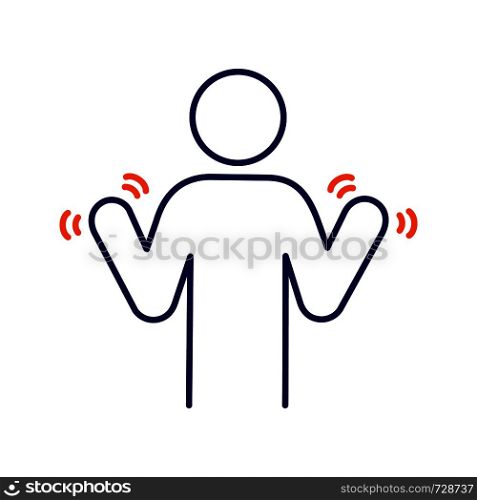 Hands tremor color icon. Parkinson's disease. Shaky hands. Anxiety tremor. Muscle twitching. Trembling. Physiological stress symptoms. Isolated vector illustration. Hands tremor color icon