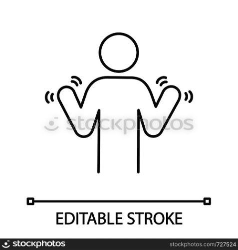 Hands tremor linear icon. Parkinson's disease. Thin line illustration. Shaky hands. Anxiety tremor. Muscle twitching. Trembling. Physiological stress symptoms. Contour symbol. Vector isolated outline drawing. Editable stroke. Hands tremor linear icon