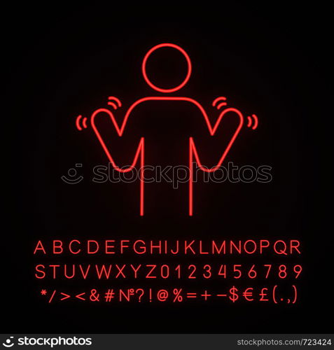 Hands tremor neon light icon. Parkinson's disease. Shaky hands. Anxiety tremor. Muscle twitching. Trembling. Physiological stress symptoms. Glowing sign with alphabet, numbers. Vector isolated illustration. Hands tremor neon light icon