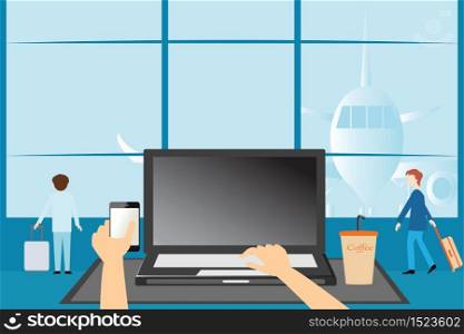 Hands typing on a laptop and holding smartphone over looking airport lounge, vector illustration.