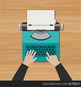 Hands typing on a typewriter on a wooden table. Flat illustration of working process with manual vintage typewriter and hands.. Hands typing an article