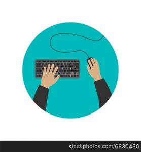 Hands typing on keyboard.. Hands typing on keyboard computer and mouse clicks. Vector flat illustration.